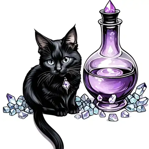 black cat with magic potion bottle and crystals tattoo design idea