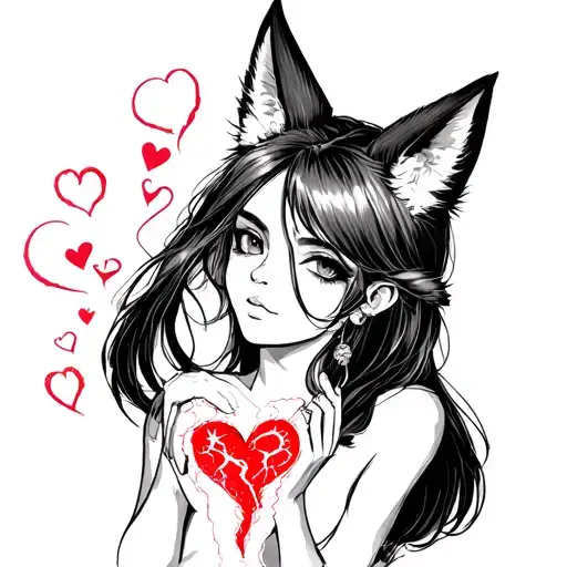 woman with fox ears stitching together a broken heart tattoo design idea