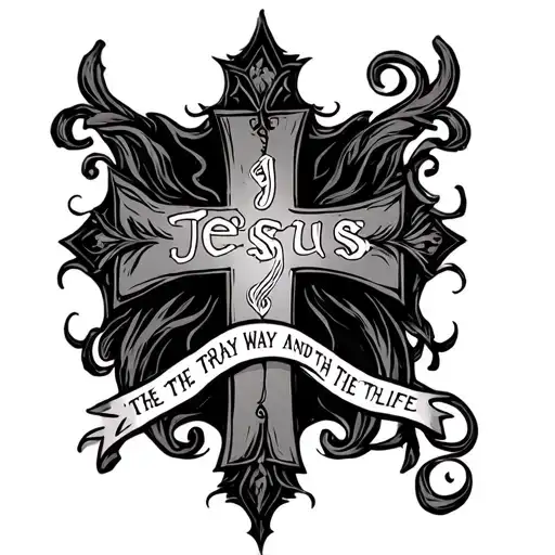 Gothic style back cross with the words Jesus is the way, the truth and the life tattoo design idea