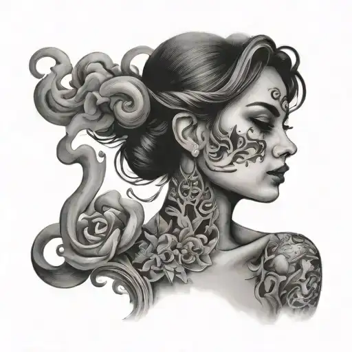 Girl on the background of smoke microrheolism tattoo design idea