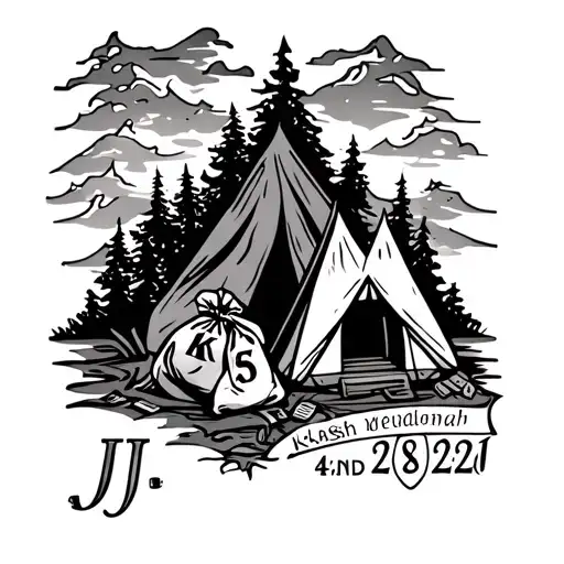 memorial tattoo with the name JJ And death date 4/28/20. Also the name Kkash with an money bag and camping tent tattoo design idea