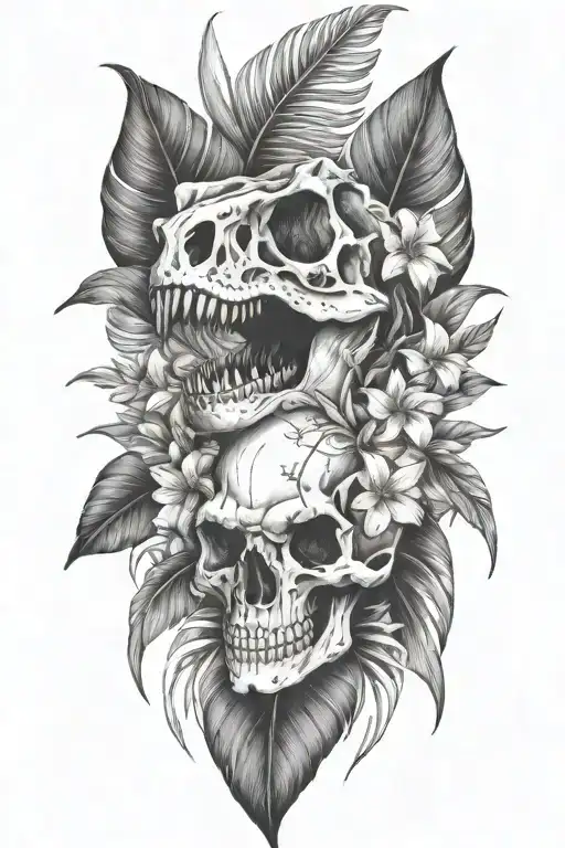 tropical leaves with flowers an T Rex skull tattoo design idea