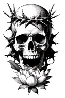 Realistic Skull with mouth open, wearing a crown of thorns, with a lotus flower beneath it tattoo design idea