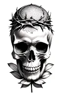 Realistic Skull with mouth open, wearing a crown of thorns, with a lotus flower beneath it tattoo design idea