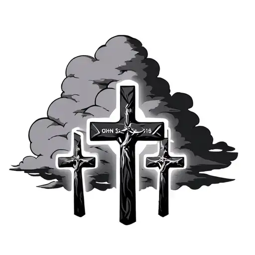 Three crosses with cloud in the backround with john 3:16 in them tattoo design idea
