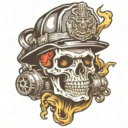 Skull with a firefighter helmet and amoke coming from its mouth tattoo design idea