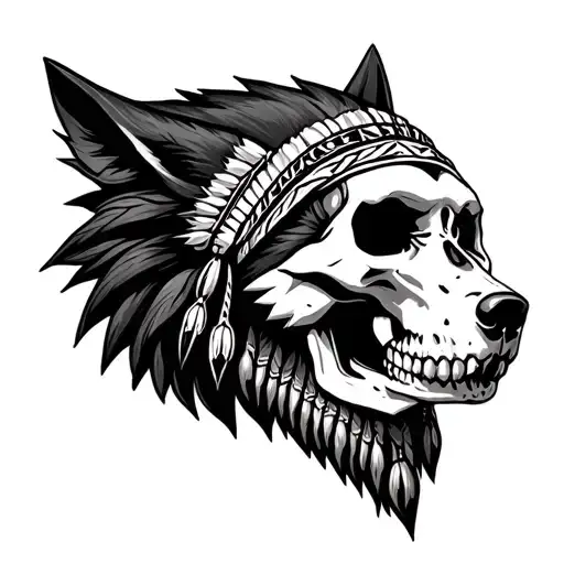 native american skull and wolf head tattoo design idea