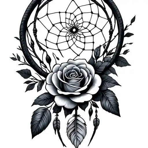 dream catcher with roses blooming tattoo design idea