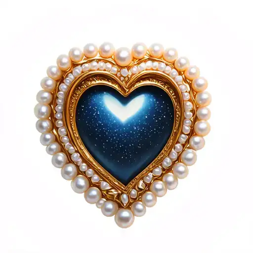A heart-shaped gold frame with a white pearl border, in midnight. tattoo design idea