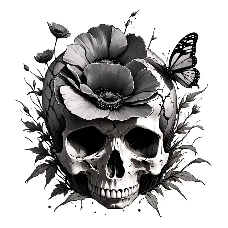 poppies growing out of cracked skull with morpho butterfly tattoo design idea