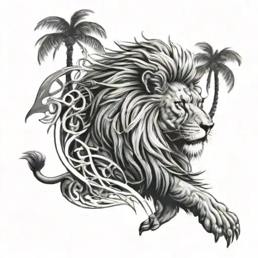 lion roaring and palm trees tattoo design idea