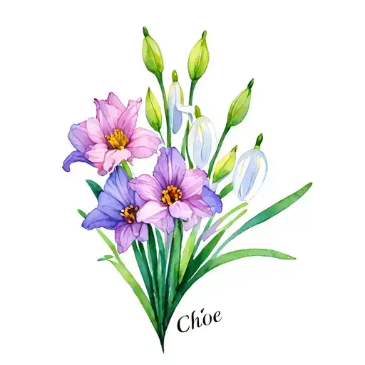 Gladiolus, Aster, Narcissus, Snowdrop with Chloe's name tattoo design idea