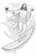 Jesus Christ standing on a surfboard floats on the waves with a glass of wine in his right hand tattoo design idea