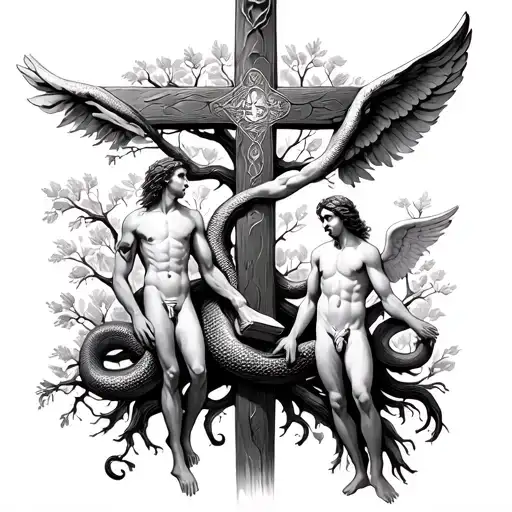 biblical cross and Adam and Eve at the tree of knowledge with the serpent with a bible and an angel  tattoo design idea