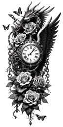 roses intertwined, clock face surrounded, angel wings, dragon, butterfly, chains tattoo design idea
