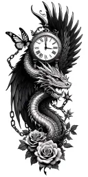 roses intertwined, clock face surrounded, angel wings, dragon, butterfly, chains tattoo design idea