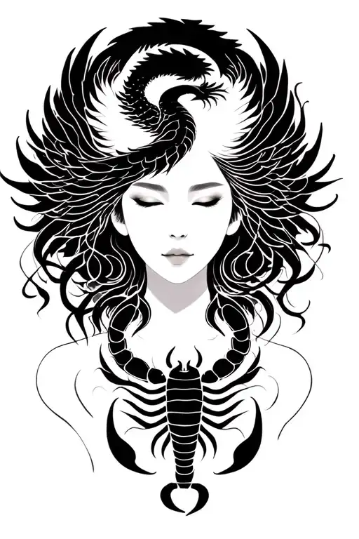 silouette of a woman’s face serene and powerful shape like a pheonix and dragon. A scorpion is shaping her breast tattoo design idea