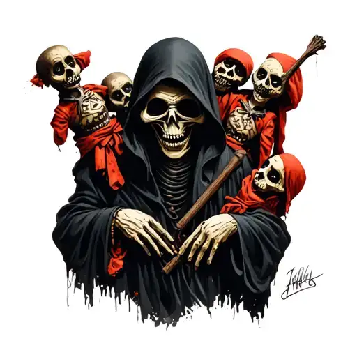 Grim Reaper surrounded by a hateful voodoo dolls tattoo design idea