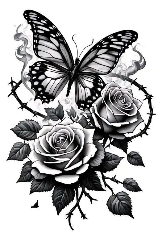 butterfly, two thorny roses surrounding, falling rose pedals fading into smoke, barbed wire wrapping tattoo design idea
