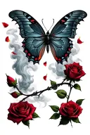 butterfly, two thorny roses surrounding, falling rose pedals fading into smoke, barbed wire wrapping tattoo design idea