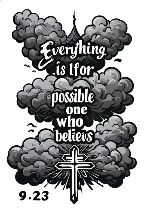 everything is possible for one who believes mark 9:23 written with 3 crosses at the bottom and clouds around it tattoo design idea