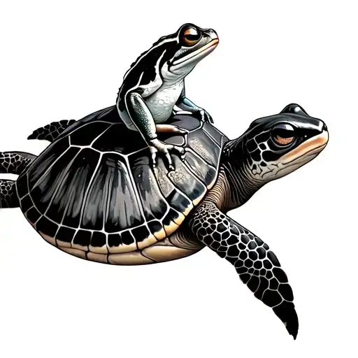 Small tree frog contently traveling on the back of a sea turtle tattoo design idea