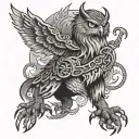 owl, dragon, wolf eagle fish native American warrior riding chains of flames around a mountain  tattoo design idea
