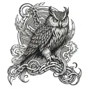 owl, dragon, wolf eagle fish native American warrior riding chains of flames around a mountain  tattoo design idea