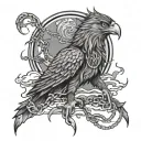 owl, dragon, wolf eagle fish native American warrior riding chains of flames around a mountain  tattoo design idea