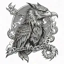 owl, dragon, wolf eagle fish native American warrior riding chains of flames around a mountain  tattoo design idea
