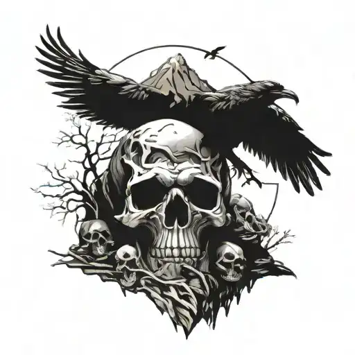 mountain of skulls  with a crow on top  tattoo design idea