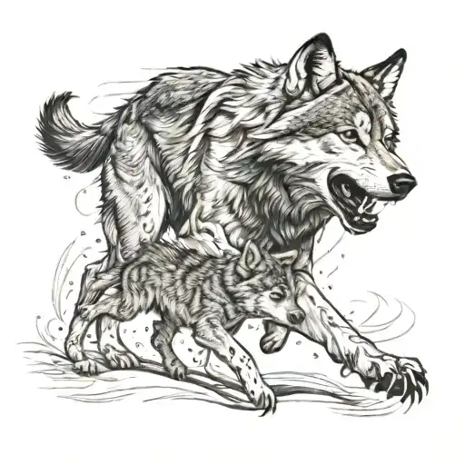 wolf fighting his cub tattoo design idea