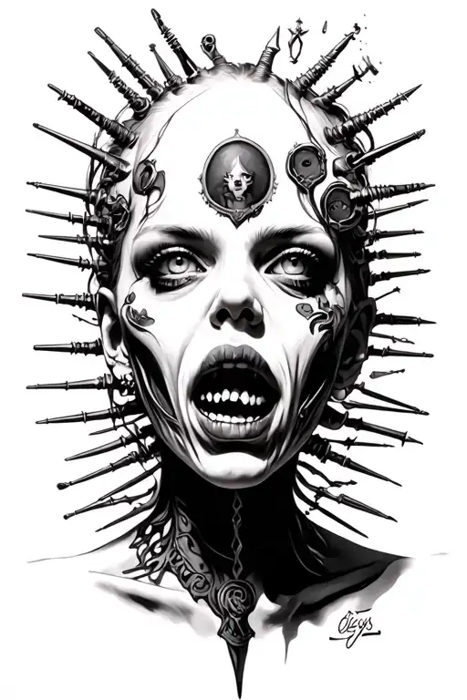 Oizys as a "horrifying sight to behold, a ghastly corpse of a woman impaled with various metal spines and objects". She tattoo design idea