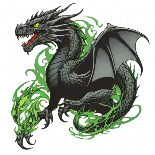 a too headed black dragon with green eyes bredeing green fire  tattoo design idea