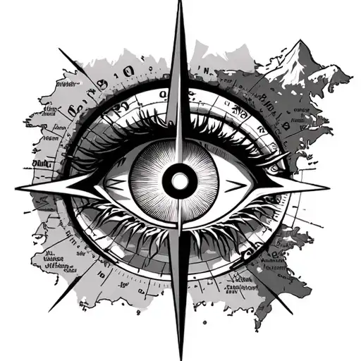 human eye mountains world map compass camera lighting bolt tattoo design idea