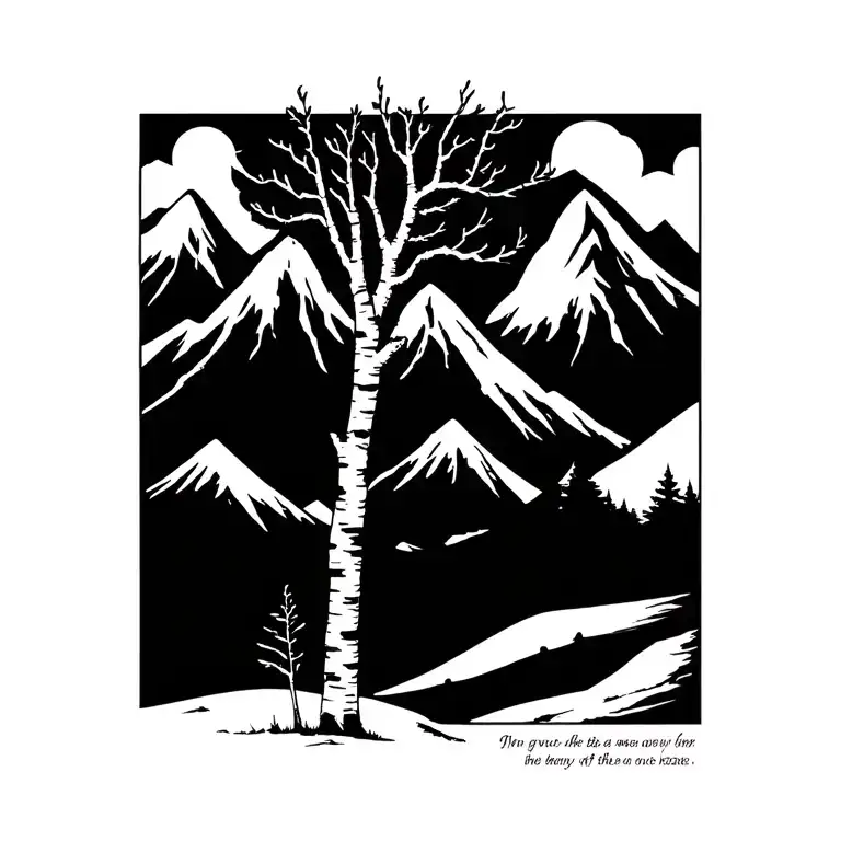 birch trees with mountains in the background with words in tiny print at the base  tattoo design idea