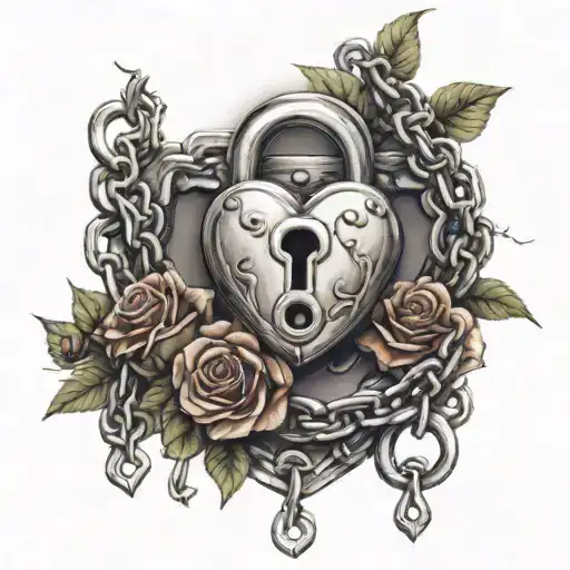 a romantic themed image with roses, chains, padlocks and hearts. tattoo design idea