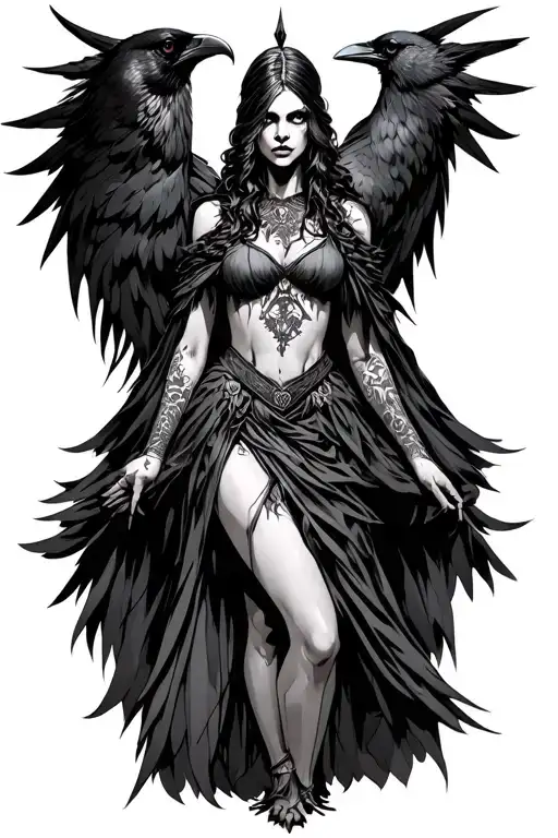The Morrigan Goddess of Death and a large crow.  Beautiful but terrifying. Wearing a dress with a cloak.  tattoo design idea