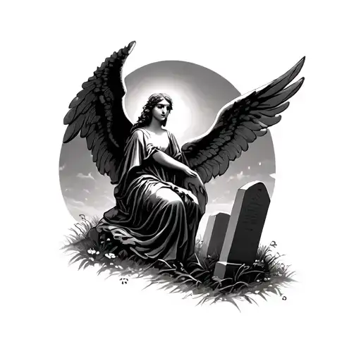 angel with graves in graveyard tattoo design idea