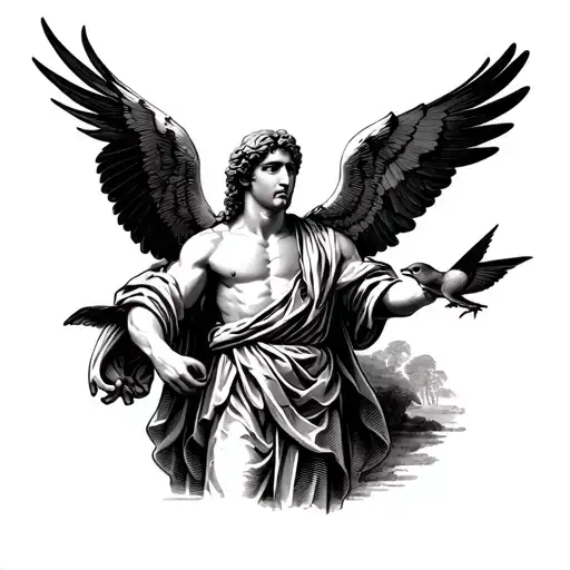 saint Christopher holding a swallow bird with its wings spread tattoo design idea