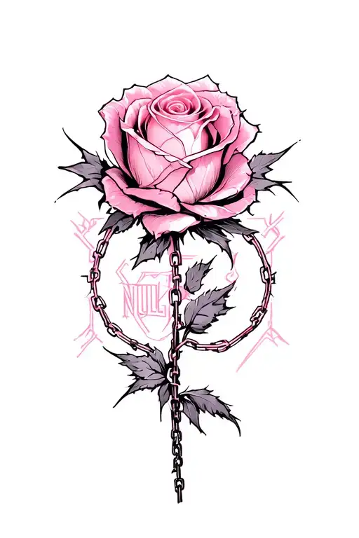 "Very detaile cyber sigil flowers, barbed wire petals, chain stem, metallic rose, surreal style, hidden 'null' logo,pink tattoo design idea
