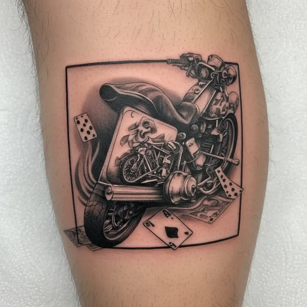 Create a sleeve tattoo featuring a motorcycle racing through a casino, with dice and playing cards scattered in the background tattoo design idea