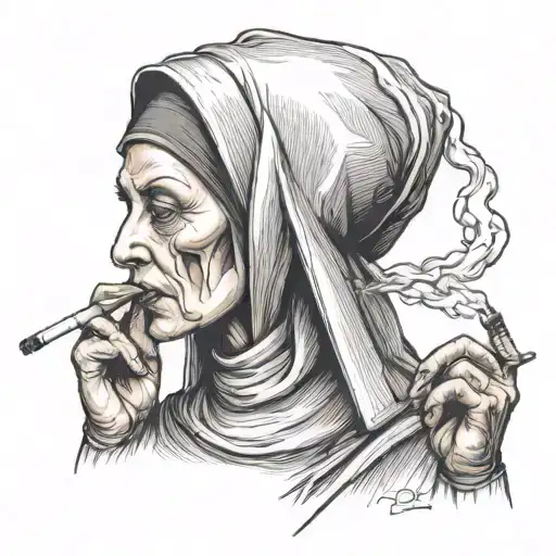 nun smoking a cigarette tattoo design idea