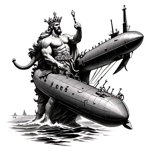 King Neptune holding submarine being attacked tattoo design idea