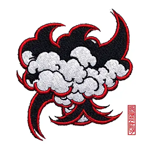 Akatsuki cloud embroidered patch style, red and white stitching, anime style, realistic thread texture tattoo design idea