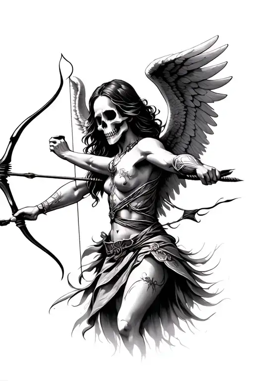 angel with skull face shooting a bow and arrow tattoo design idea
