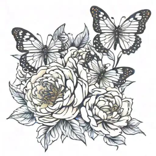 peonies surrounded with butterflies but very feminine  tattoo design idea