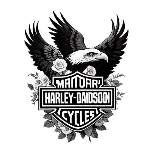 a black realistic shaded Harley Davidson logo with soft  shaded roses and a beautiful realistic eagle tattoo design idea