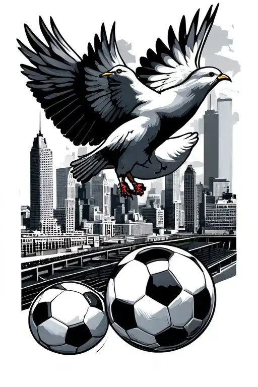 chicago skyline with two doves flying with soccer idea and number 6 on mens forearm tattoo design idea
