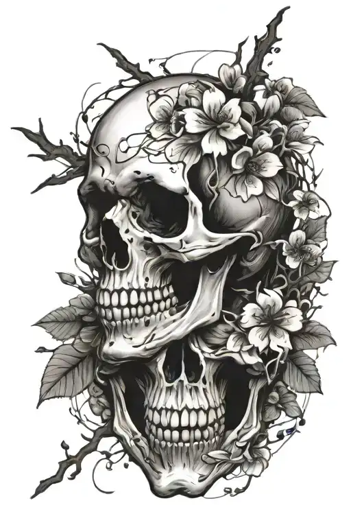 skull,cross,RIP, Japanese cherry blossom petals falling tattoo design idea